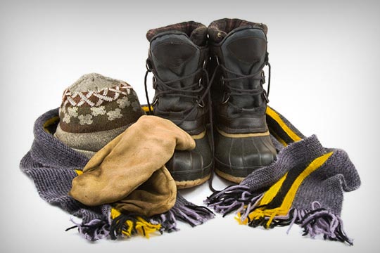 Winter boots, mittens and scarf